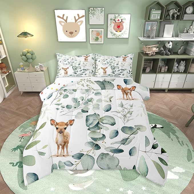 Erosebridal Cartoon Deer Bedding Full Toddler Woodland Wildlife Comforter Set Full, Plant Duvet Insert Eucalyptus Leaf Quilt Comforter, Jungle Animal Theme Bedding Comforters & Sets Kids Room Decor
