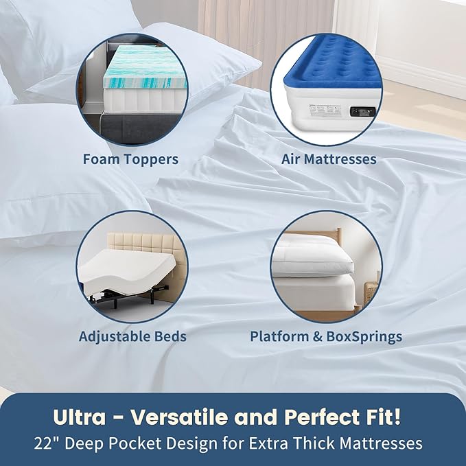 100% Linen Sheet Set Cal King Size Extra Deep Pocket Fits 18-24 Inch Mattress, Breathable & Soft, Smooth 6-Piece Set for Thick Mattresses Hotel Luxury Bedding（Cal King, Dusty Blue）