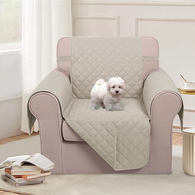 U-NICE HOME Recliner Chair Covers Reversible Chair Cover Pet Covers for Dogs with Elastic Straps Water Resistant Diamond Quilted (23''Recliner Small, Beige/Beige)