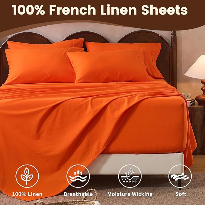 100% Linen Sheet Set Cal King Size Extra Deep Pocket Fits 18-24 Inch Mattress, Breathable & Soft, Smooth 4-Piece Set for Thick Mattresses Hotel Luxury Bedding（Cal King, Orange）