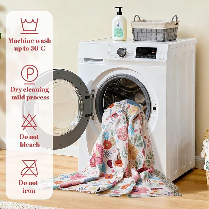 MSGKV Boho Throw Blanket for Couch 100% Cotton Floral Blanket 50"x60" Sofa Bed Chair Blanket All Seasons Lightweight Farmhouse Muslin Breathable Blankets Home Decor