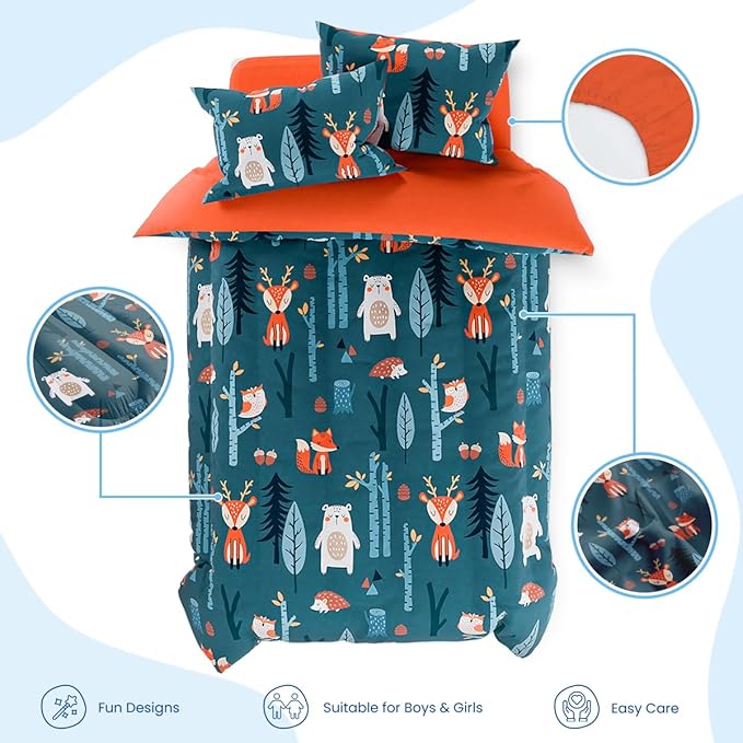 Woodland Animal Kids Bedding Set for Boys, Ultra Soft Microfiber Comforter Set Full Size 4-Pieces, Comforters Bed Sets for Kid Tween Teen Bedroom Decor