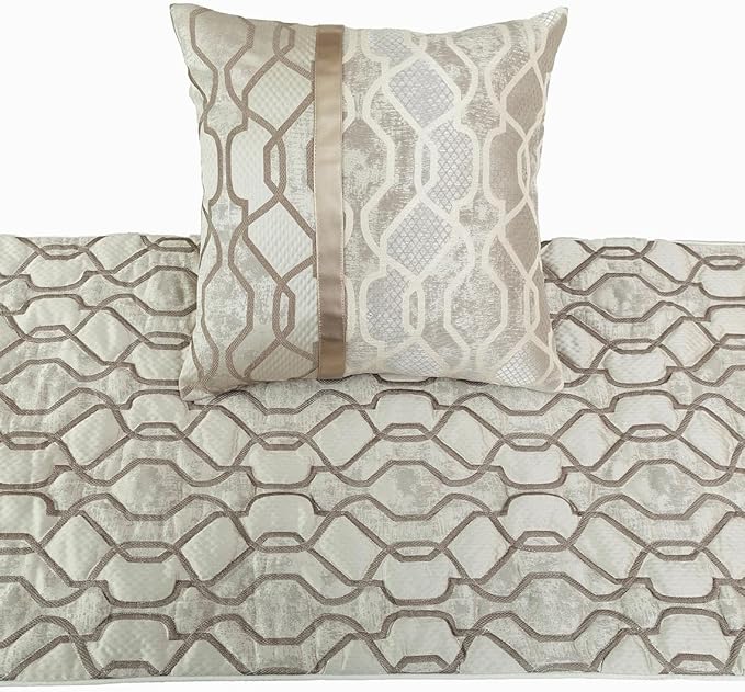 The HomeCentric King/Queen/Twin Ivory & Silver Decorative CA King 86"x18" Bed Runner with 2 Pillow Cover, Lattice & Quilted Bed Scarf on Jacquard Silk Fabric - Ivory Delicacy