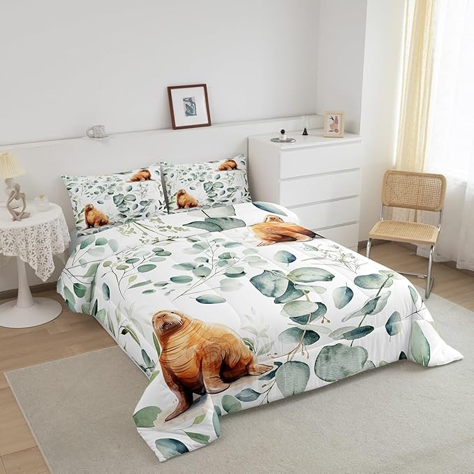 Erosebridal Cartoon Seal King Comforter Set Toddler Ocean Wildlife Bedding Set King, Spring Plant Bedding Comforter Sets Eucalyptus Leaf Duvet Set, Sea Animal Theme Quilted Comforter Kids Room Decor