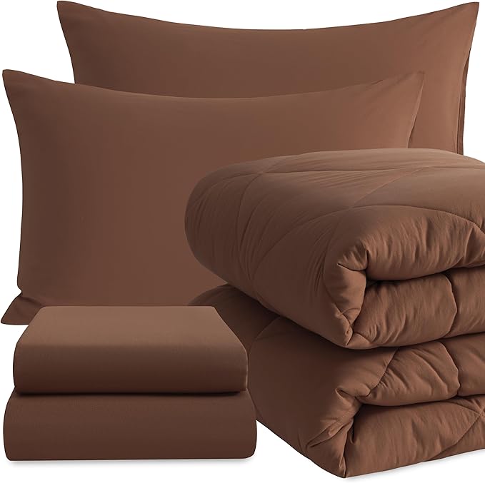 NTBAY Twin Comforter Set with Sheets, 5 Pieces Soft and Breathable Twin Bedding Set, Twin Bed in a Bag, Down Alternative Comforter Set Solid Color All Season, Kids Bedding Set, Brown