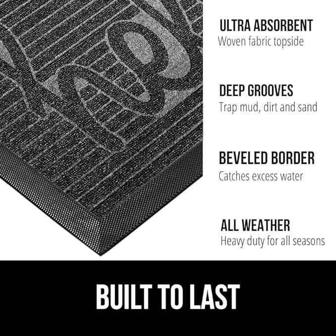 GORILLA GRIP 100% Waterproof All-Season WeatherMax Doormat, US Designed Natural Rubber, Stain and Fade Resistant, Low Profile Indoor Outdoor Door Mats, Easy Clean Patio Mat, 17x29, Charcoal Hello