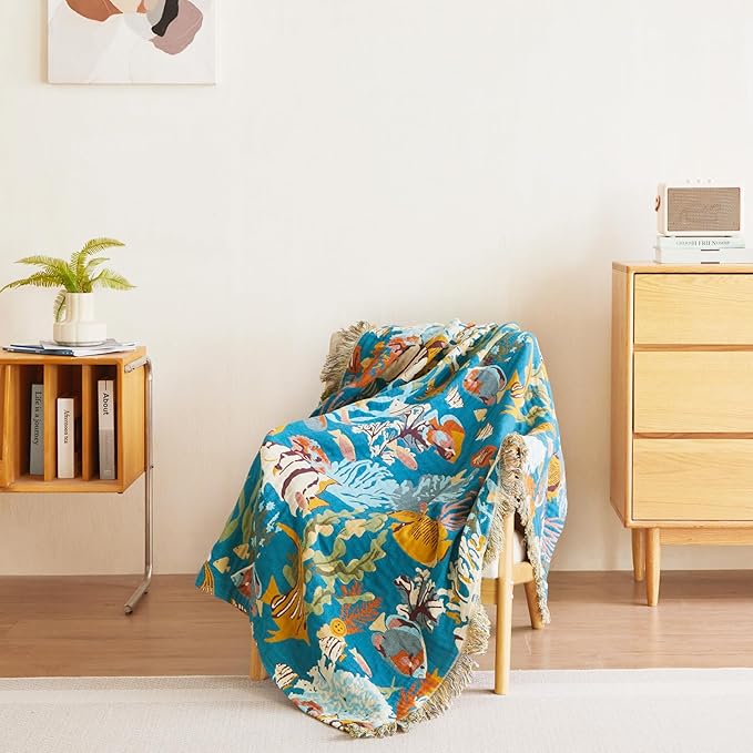 MSGKV Throw Blanket for Bed Cotton Cute Ocean Animals Twin Size Couch Blanket 60"x80" Muslin Breathable All Seasons Lightweight Farmhouse Home Decor