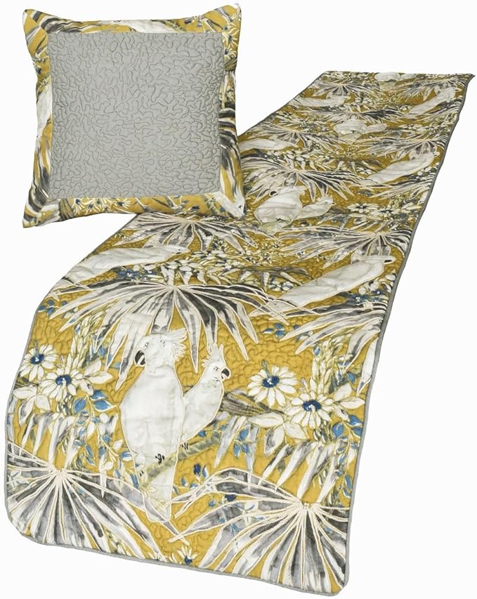 The HomeCentric King/Queen/Twin Grey & Yellow Decorative CA King 86"x18" Bed Runner with 2 Pillow Cover, Cockatoo Bird & Quilted Bed Scarf on Cotton Fabric - Cockatoo Love