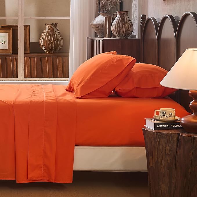 100% Linen Sheet Set Cal King Size Extra Deep Pocket Fits 18-24 Inch Mattress, Breathable & Soft, Smooth 4-Piece Set for Thick Mattresses Hotel Luxury Bedding（Cal King, Orange）