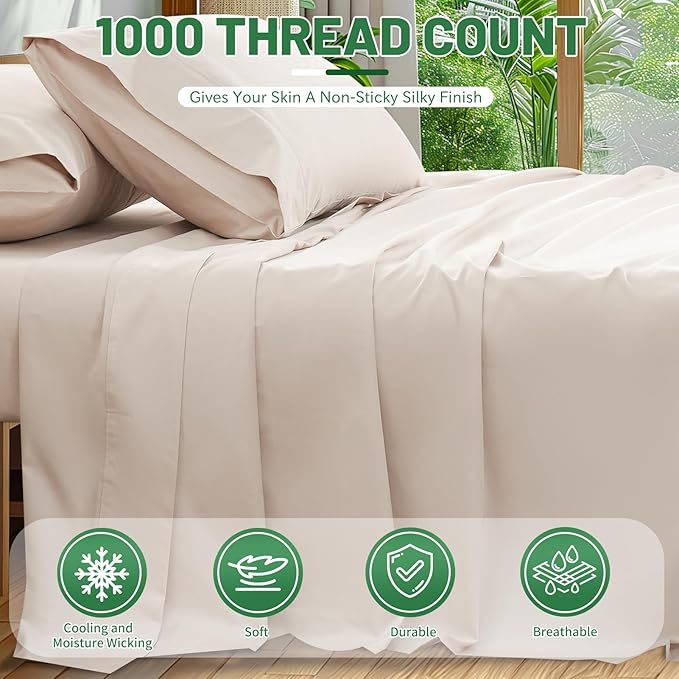 100% Egyptian Cotton Sheets Cal King Sheet Set 4PCS 1000 Thread Count Sateen Weave Soft Breathable 16-Inch Deep Pocket（California King,Linen）
