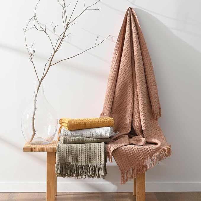 100% Cotton Waffle Blanket with Fringe, Pre-Washed Waffle Weave Blanket for All Season, Lightweight Breathable Soft Cozy Throw Blanket for Couch, Bed, Travel (Mustand Yellow - 66x90 Inches)