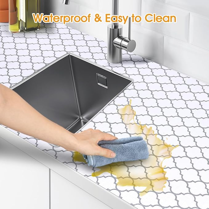 Shelf and Drawer Liner for Kitchen Cabinets Non-Adhesive, Strong Grip Non-Slip Thickened Cabinet Liners for Shelves, Waterproof Mats for Dresser Cupboard, White/Gray, 23 in x 30 Feet