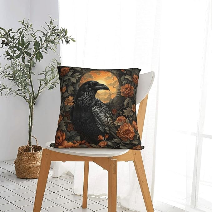 Mystical Raven Art Print Decor, William Morris Abstract Vintage Floral Design 16x16 inches Throw Pillow Covers Square Pillowcases Decor for Bed Couch Sofa Room Cushion Covers