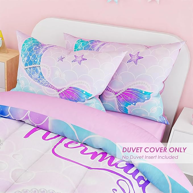 SANDJEST Mermaid Duvet Cover Sets Full Size for Kids Girls, Incude 1 Polyester Comforter Cover 80x90 Inches and 2 Pillowcases 20x26 Inches, Comforter Not Included, Gift for Christmas Birthday