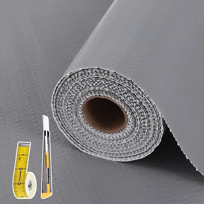 Drawer and Shelf Liner for Kitchen Cabinet: 12 in X 30 Ft Non Slip Waterproof Shelf Paper Non Adhesive Refrigerator Liners Gray Easy Liners for Bathroom Cupboard with Knife Tape Measure