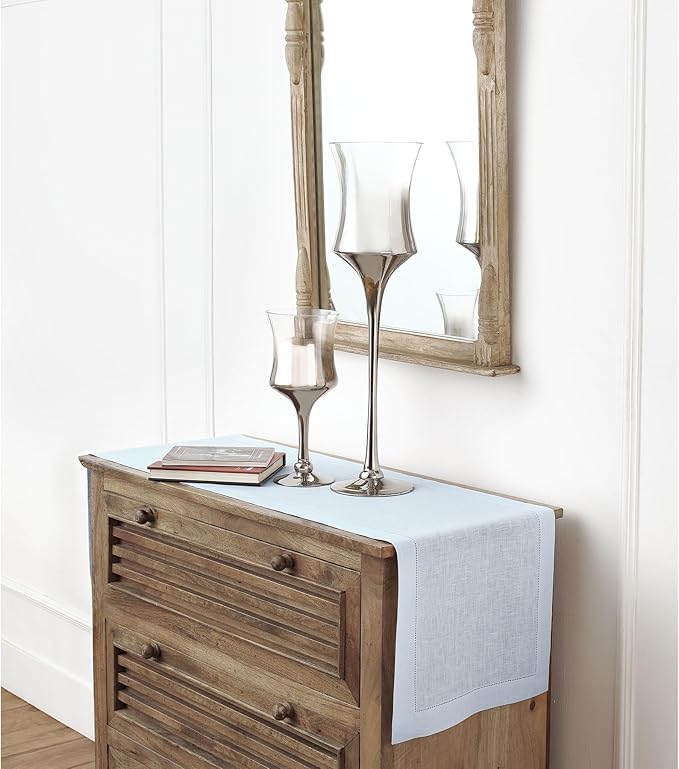 Solino Home Linen Light Blue Table Runner 48 Inches - Classic Hemstitch, 100% Pure Linen Coffee Table Runner 14 x 48 Inch Ideal for Dresser Tables, Christmas, New Year