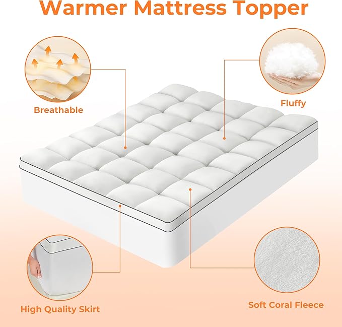 Ultra Soft Coral Fleece California King Size Mattress Topper, No Compression Plush Thick Pillow Top Mattress Pad with Deep Pocket, Winter Warm Cozy Bed Topper Cover for Back Pain Relief