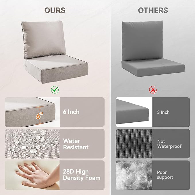 Luxury 6" Outdoor Cushions for Patio Furniture, 24x24x6" Thick Seat Cushion Set of 5, Fade Resistant Couch Chair Replacement Cushions High Density Deep Wicker Chair Cushion w/ Removable Cover, Beige