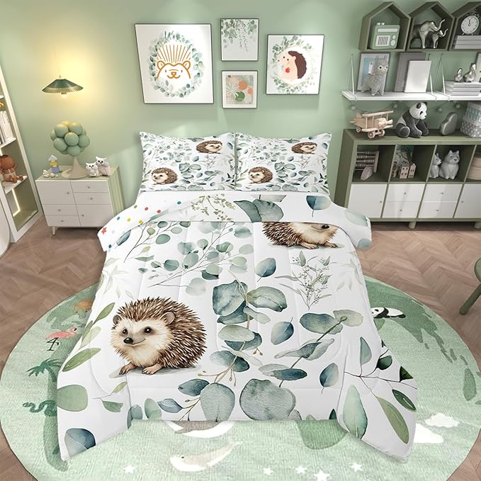 Erosebridal Cute Hedgehog Twin Comforter Set for Kids Child Green Eucalyptus Bedding Set Twin, Woodland Animal Bedding Comforter Sets Plant Leaves Duvet Set, Cartoon Wildlife Quilted Comforter