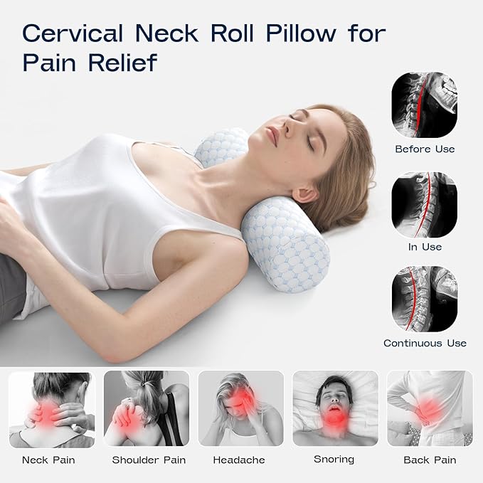 Neck Roll Pillow for Neck Pain Relief - Memory Foam Neck Support Pillow for Bed, Cylinder Pillows, Round Neck Pillow for Sleeping, 15.7 * 5 * 5 inch (Cool-Blue)
