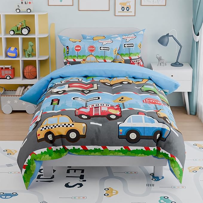 Transportation Kids Bedding Set for Boys, Ultra Soft Microfiber Comforter Set Twin Size with 3-Pieces, Comforters Bed Sets for Boy Children Kids
