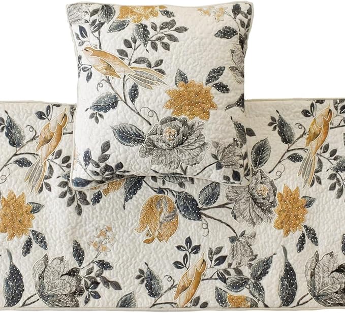 The HomeCentric King/Queen/Twin Blue & Ivory Decorative CA King 86"x18" Bed Runner with 2 Pillow Cover, Bird, Pearl & Quilted Bed Scarf on Linen Fabric - Vintage Birdena