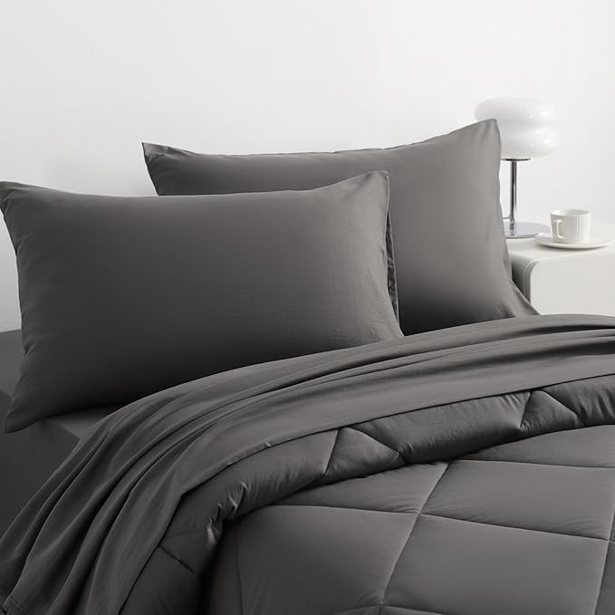 NTBAY Twin Comforter Set with Sheets, 5 Pieces Soft and Breathable Twin Bedding Set, Twin Bed in a Bag, Down Alternative Comforter Set Solid Color All Season, Kids Bedding Set, Dark Grey