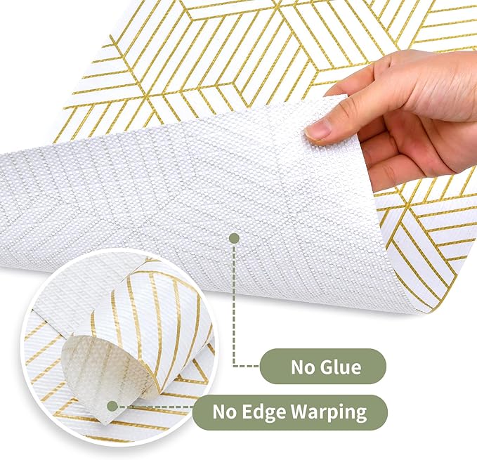Shelf Liners for Kitchen Cabinets 12in x 40FT, Non Adhesive Cabinet Liner Strong Non-Slip Thickened Gold Geometric Drawer Liner, Easy to Clean for Shelf, Cabinet with Knife and Tape Measure