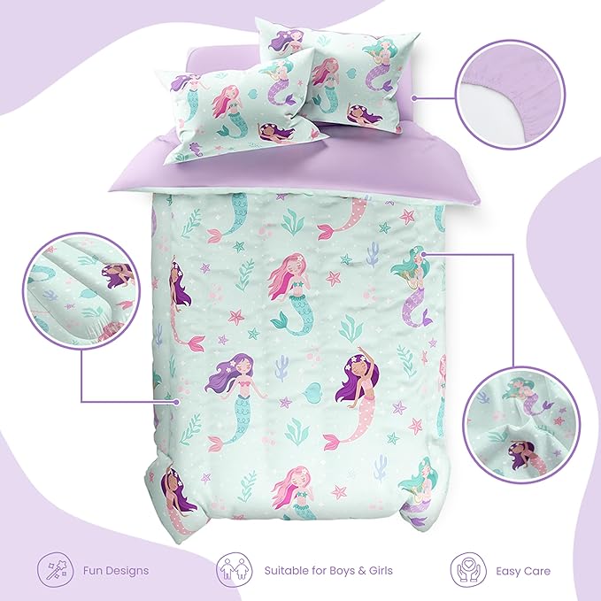 SANDJEST Mermaid Comforter Set Twin Size 68x86in for Kids Girls, Microfiber 3 Pcs Bedding Set Includes 1 Comforter, 1 Pillowcase, 1 Fitted Sheet, Nursery Room Decor