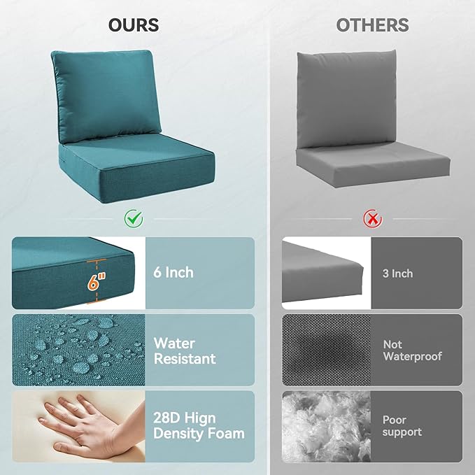 Luxury 6" Outdoor Cushions for Patio Furniture, 24x24x6" Thick Seat Cushion Set of 6, Fade Resistant Couch Chair Replacement Cushions High Density Deep Wicker Chair Cushion w/ Removable Cover, Green