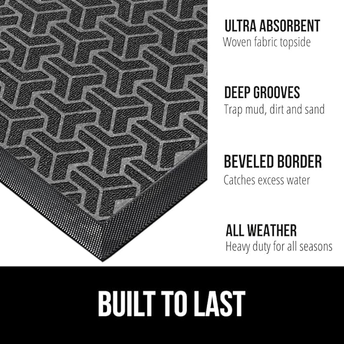 GORILLA GRIP 100% Waterproof All-Season WeatherMax Doormat 35x23, US Designed Natural Rubber, Stain and Fade Resistant, Low Profile Indoor Outdoor Door Mats, Easy Clean Patio Mat, Slate Geometric