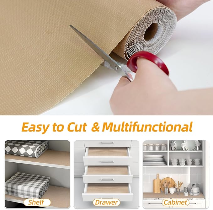 Shelf and Drawer Liner for Kitchen Cabinets Non-Adhesive, Strong Grip Non-Slip Thickened Cabinet Liners for Shelves, Waterproof Mats for Dresser Cupboard, Khaki, 12 in x 30 Feet