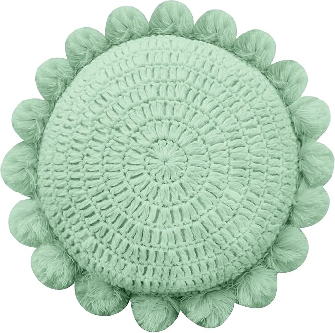 Boho Round Throw Pillow with Cute Handmade Pom Poms Tassels 18 Inch, Decorative Circular Knitted Crochet Cushion for Couch, Sofa, Chair, Bed, Sage Green