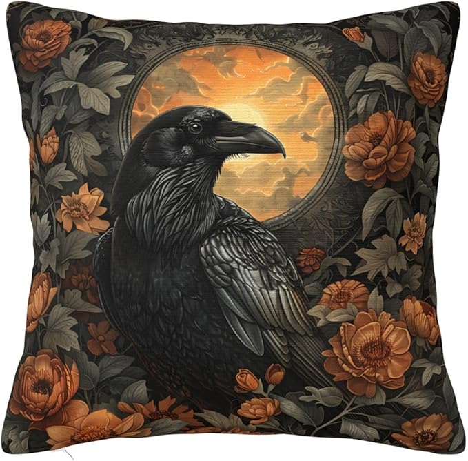 Mystical Raven Art Print Decor, William Morris Abstract Vintage Floral Design 16x16 inches Throw Pillow Covers Square Pillowcases Decor for Bed Couch Sofa Room Cushion Covers