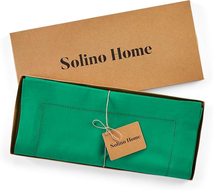 Solino Home Linen Hemstitch Table Runner 108 Inches Long - 100% Pure Linen Emerald Green Table Runner 14 x 108 Inch for Christmas, New Year - Classic Hemstitch