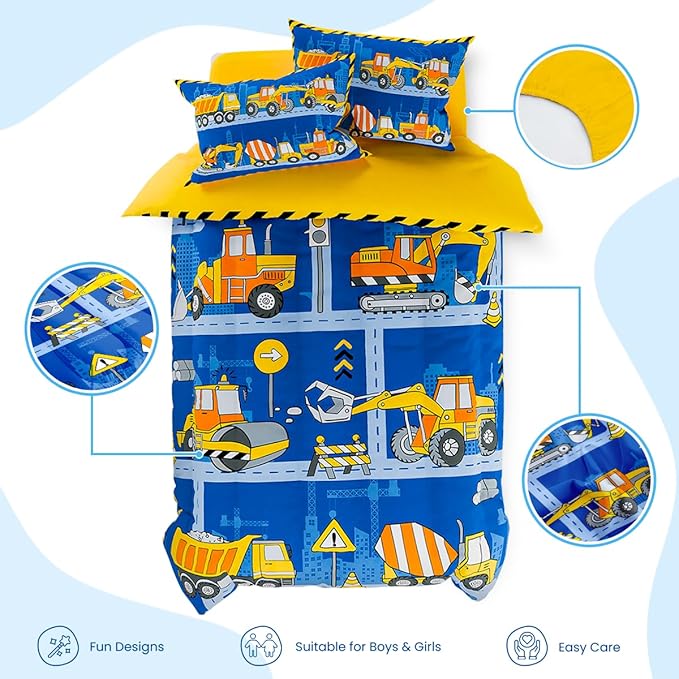 SANDJEST Construction Bedding Sets for Boys, Ultra Soft Microfiber Comforter Bed Set with 3-Pieces, Comforters Sets for Kids Children Boy Bedroom Decor