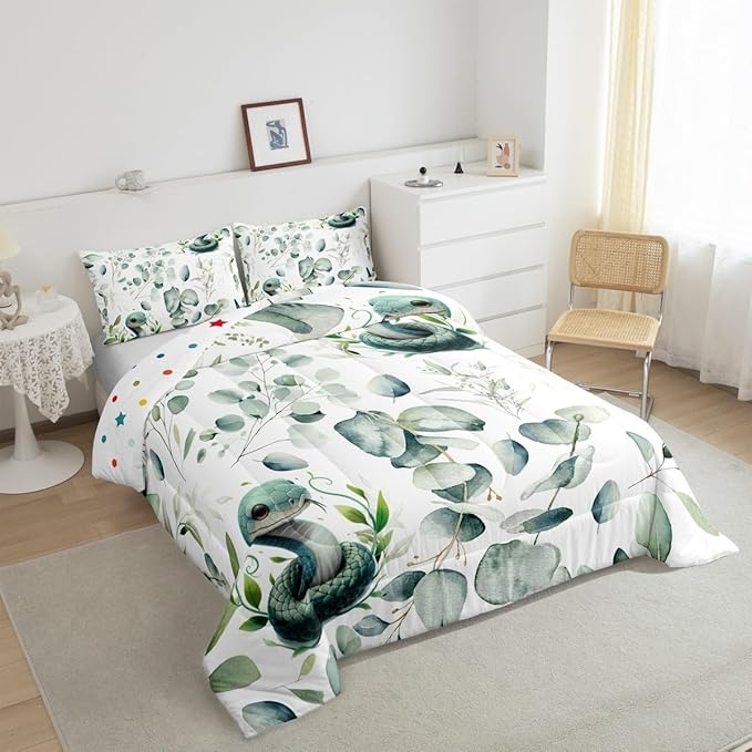 Erosebridal Cute Snake Bedding Queen Size for Kids Child Green Eucalyptus Comforter Set Queen, Wild Animal Duvet Insert Botanical Plant Leaves Quilt Set, Cartoon Wildlife Bedding Comforters & Sets