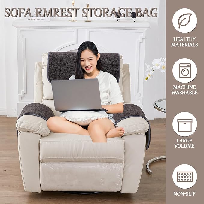 Armrest Cover, Recliner Chair Protector, Furniture Protector Slip, Side Storage Pocket, Stretch Armchair Couch Arm Rest Cover for Recliner, Chair, Sofa (Dark Gray,1 Seater(3pcs))