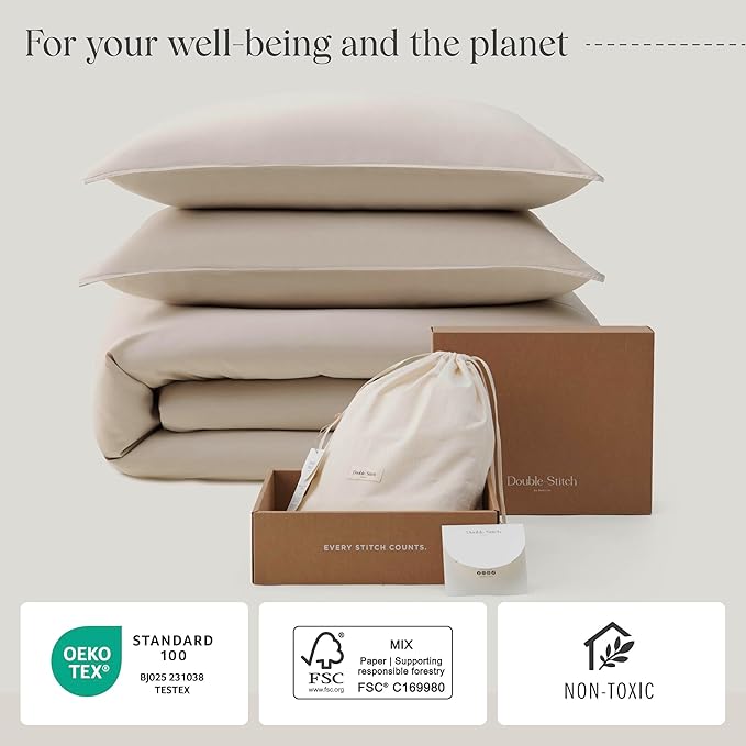 Double Stitch Cotton Tencel Duvet Cover - Queen Size Comforter Cover, Luxury & Soft Eucalyptus Lyocell Bedding Set for Hot Sleepers, Cooling & Breathable, Button Closure, Sandstone, 90"x90"