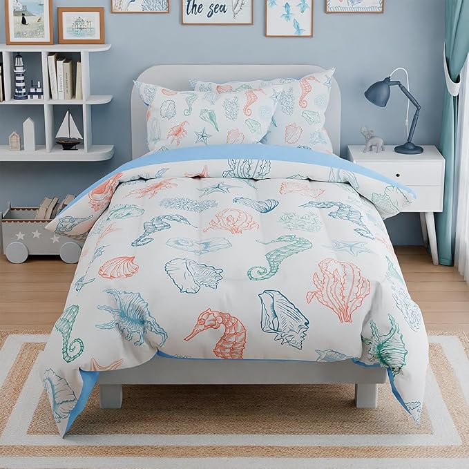 Kids Bedding Set for Girls Boys, Ultra Soft Microfiber Comforter Set Twin Size with 3-Pieces, Seashell Ocean Comforters Bed Sets for Kid Children Teen Tween Bedroom Decor