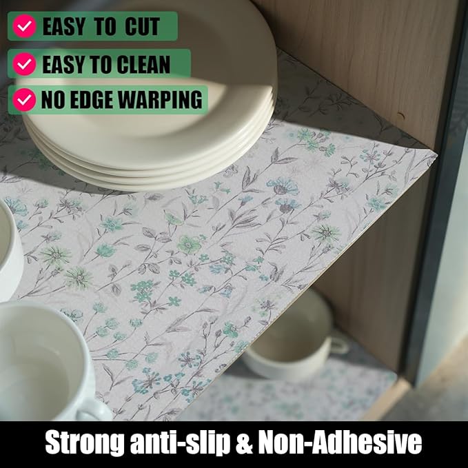 Blue and Green Floral Shelf Liners Non Adhesive and Strong Non-Slip Shelf and Drawer Liners for Kitchen Cabinet Wire Fridge, Waterproof Shelf Drawer Liner,Easy to Clean,12IN x 10FT