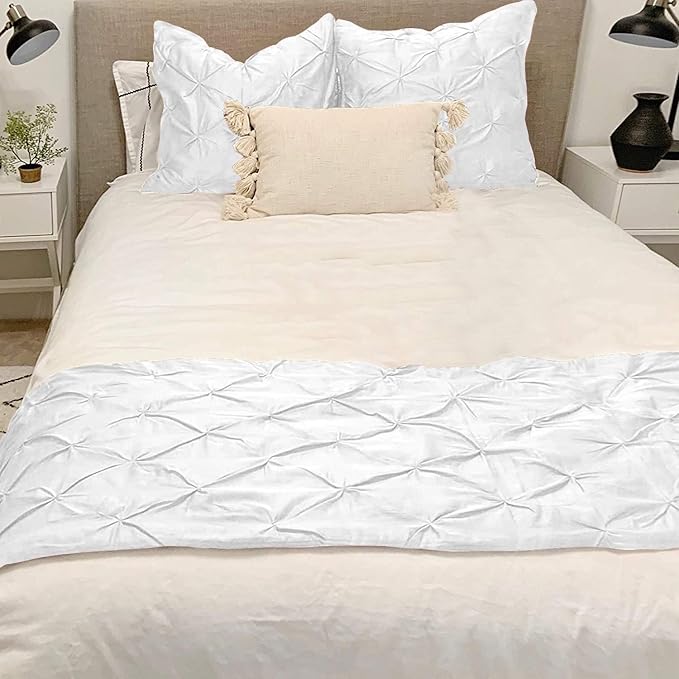 Bed Runner Set - 100% Pure Cotton 800 Thread Count - Luxury 1 Pinch Pleated Bed Runner and 2 Pillow Cover - 3 Piece Pinch Pleated Bed Runner Set Twin, White