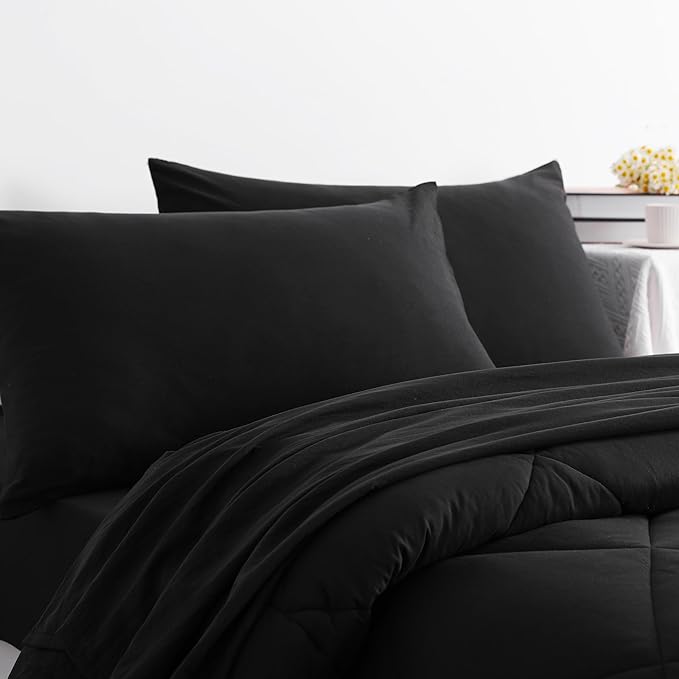 NTBAY Twin Comforter Set with Sheets, 5 Pieces Soft and Breathable Twin Bedding Set, Twin Bed in a Bag, Down Alternative Comforter Set Solid Color All Season, Kids Bedding Set, Black