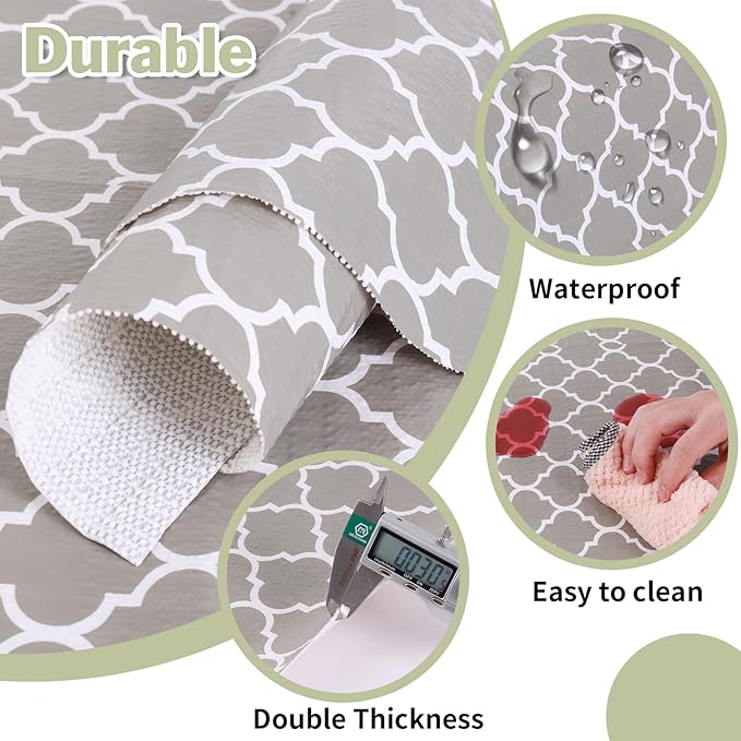Drawer and Shelf Liner for Kitchen Cabinet: 12 in X 20 Ft Non Slip Waterproof Shelf Paper Non Adhesive Refrigerator Liners Gray Quatrefoil Easy Liners for Bathroom Cupboard with Knife Tape Measure