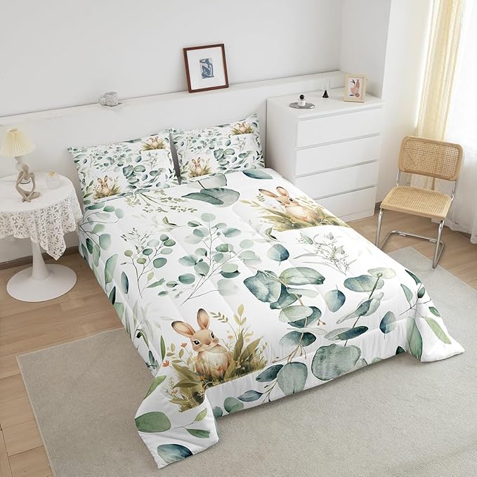 Erosebridal Girls Kawaii Animal Queen Size Comforter Set Cute Rabbit Bedding Set, Cartoon Wildlife Down Comforter Green Leaf Bed Set, Spring Garden Plant Quilted Duvet Child Kids Bedroom Decor