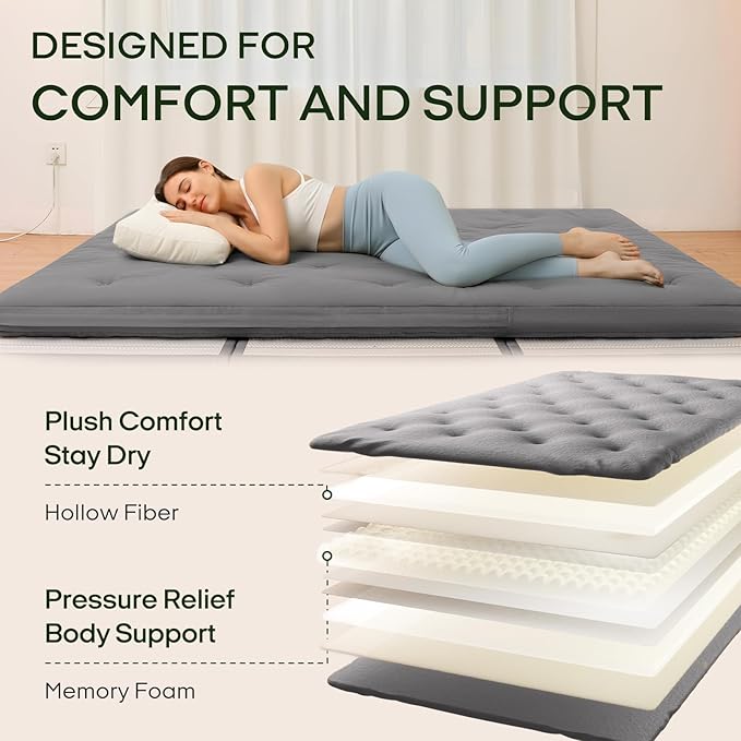 ZonLi Japanese Floor Futon Mattress Full Size 75"x 54", 100% Cotton Cover 4'' Thicken Tatami Mattress, Foldable Sleeping Pad, Portable Dormitory Tatami Mat, Roll Up Floor Lounger Bed for Adult (Grey)