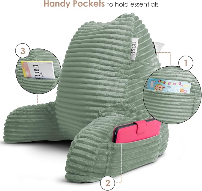 Nestl Reading Pillow with Shredded Memory Foam, Luxe Cut Plush Back Pillow for Sitting Up in Bed, Back and Arms Adjustable Support for Adult & Teens, Backrest Pillows with Washable Cover Sage Green