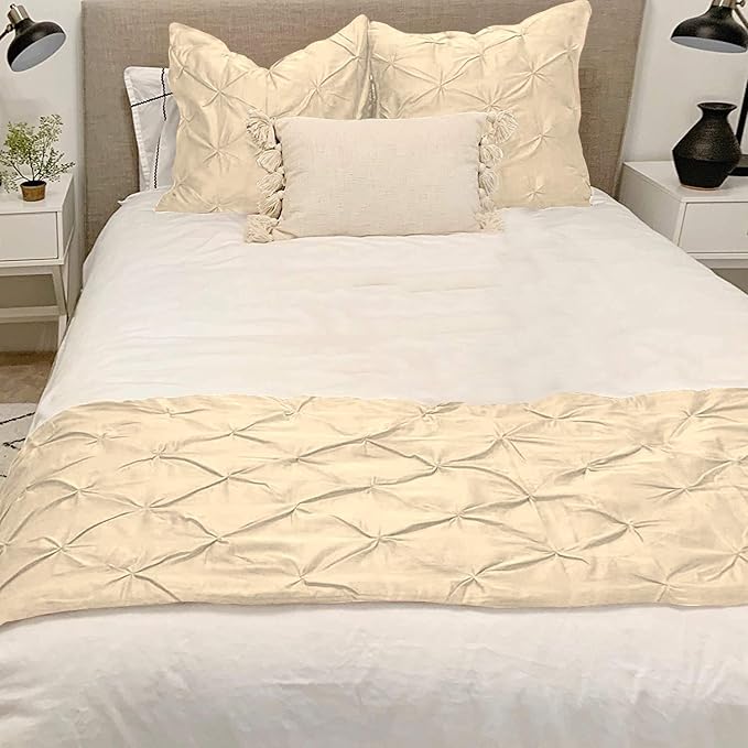 Bed Runner Set - 100% Pure Cotton 800 Thread Count - Luxury 1 Pinch Pleated Bed Runner and 2 Pillow Cover - 3 Piece Pinch Pleated Bed Runner Set King, Ivory