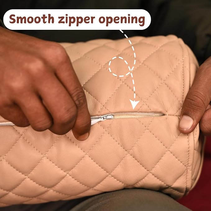 Neck Roll Pillow Cushion Cover, 22x6 Inch Full Moon Round Bolster Pillow Case, Cylinder Soft Lambskin Leather Pillowcase for Head, Spine & Neck Support During Sleep - Quilted Beige Pack of 1