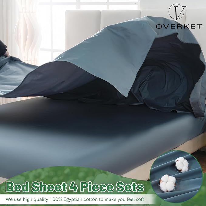 100% Egyptian Cotton Sheets King Size 4PCS 1000 Thread Count Sateen Weave Soft Breathable 16-Inch Deep Pocket （King,Dusty Blue）